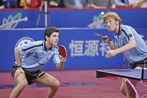 German table tennis players Timo Boll and Christian Suss are laser-focused on the ball